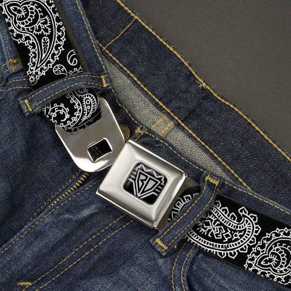 Buckle Down BD Wings Logo CLOSE-UP Full Color Black Silver Seatbelt Belt - Paisley2 Black/White Webbing