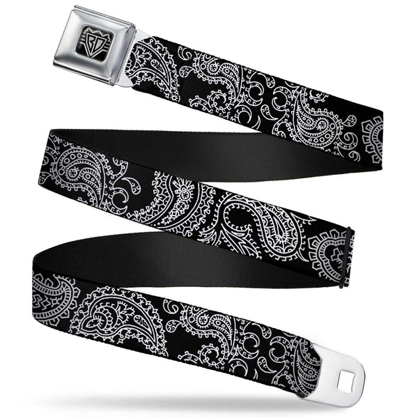 buckle down BD Wings Logo CLOSE-UP Full Color Black Silver Seatbelt Belt - Paisley2 Black/White Webbing