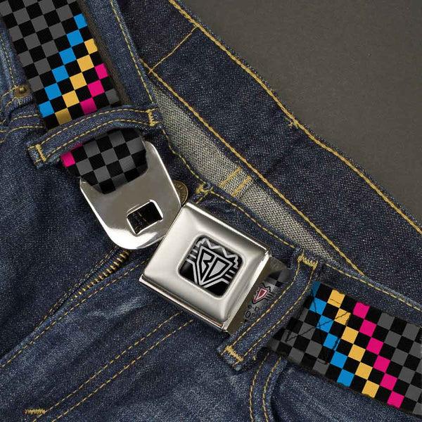 Buckle Down BD Wings Logo CLOSE-UP Full Color Black Silver Seatbelt Belt - Checker Stripe Black/Gray/Blue/Gold/Pink Webbing