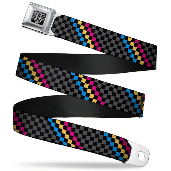 buckle down BD Wings Logo CLOSE-UP Full Color Black Silver Seatbelt Belt - Checker Stripe Black/Gray/Blue/Gold/Pink Webbing