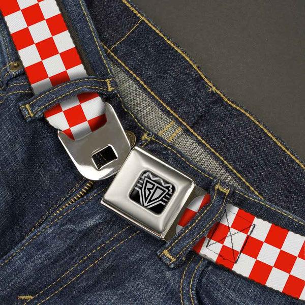 Buckle Down BD Wings Logo CLOSE-UP Full Color Black Silver Seatbelt Belt - Checker Red/White Webbing