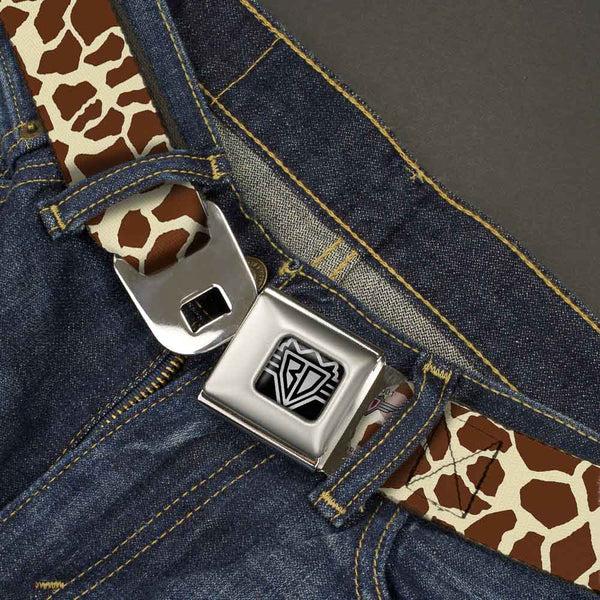 Buckle Down BD Wings Logo CLOSE-UP Full Color Black Silver Seatbelt Belt - Giraffe Spots2 Cream/Brown Webbing