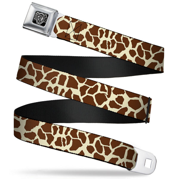 buckle down BD Wings Logo CLOSE-UP Full Color Black Silver Seatbelt Belt - Giraffe Spots2 Cream/Brown Webbing