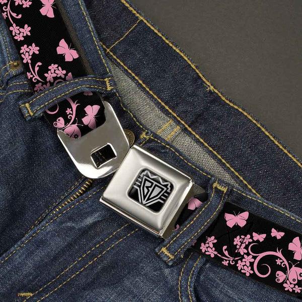 Buckle Down BD Wings Logo CLOSE-UP Full Color Black Silver Seatbelt Belt - Butterfly Garden Black/Pink Webbing