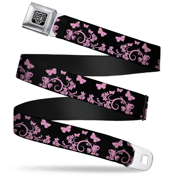 buckle down BD Wings Logo CLOSE-UP Full Color Black Silver Seatbelt Belt - Butterfly Garden Black/Pink Webbing