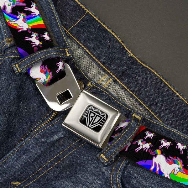 Buckle Down BD Wings Logo CLOSE-UP Full Color Black Silver Seatbelt Belt - Unicorns/Rainbow Swirl Black Webbing