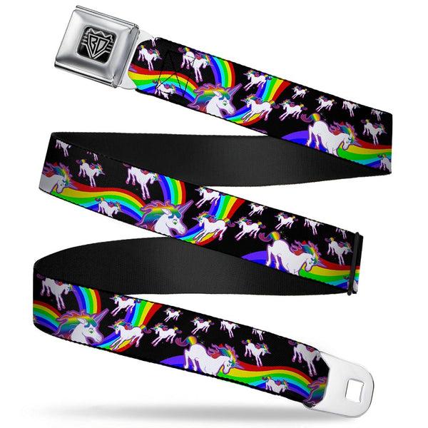 buckle down BD Wings Logo CLOSE-UP Full Color Black Silver Seatbelt Belt - Unicorns/Rainbow Swirl Black Webbing