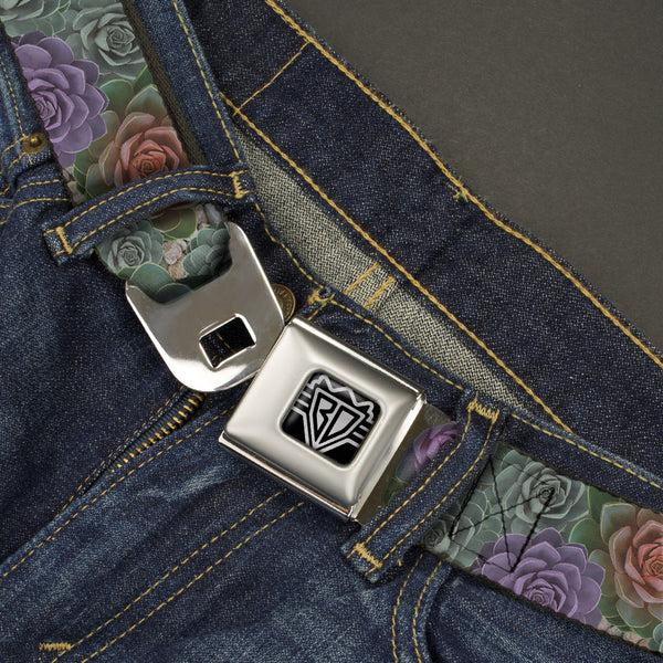 Buckle Down BD Wings Logo CLOSE-UP Full Color Black Silver Seatbelt Belt - Succulents Stacked Green/Pink/Orange Webbing