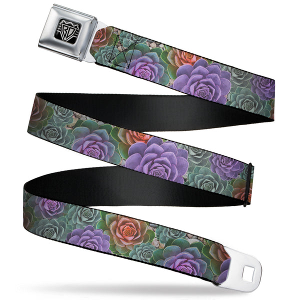 buckle down BD Wings Logo CLOSE-UP Full Color Black Silver Seatbelt Belt - Succulents Stacked Green/Pink/Orange Webbing