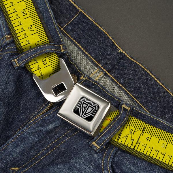 Buckle Down BD Wings Logo CLOSE-UP Full Color Black Silver Seatbelt Belt - Measuring Tape Inches + Centimeters Webbing