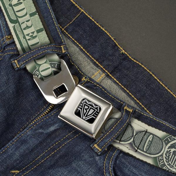 Buckle Down BD Wings Logo CLOSE-UP Full Color Black Silver Seatbelt Belt - 100 Dollar Bill CLOSE-UP/Triple Benjamin Webbing