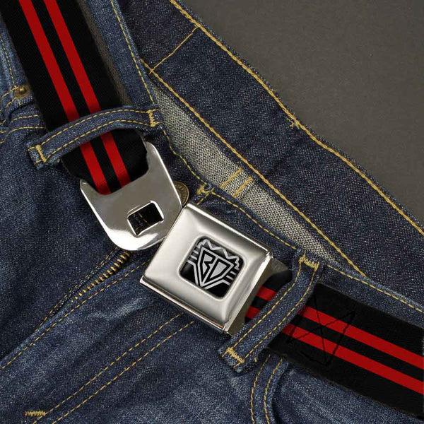 Buckle Down BD Wings Logo CLOSE-UP Full Color Black Silver Seatbelt Belt - Stripe Black/Red Webbing