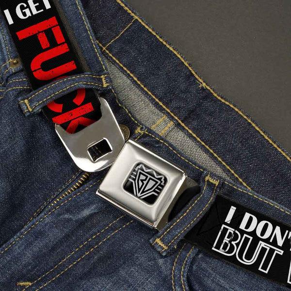 Buckle Down BD Wings Logo CLOSE-UP Full Color Black Silver Seatbelt Belt - I DON'T ALWAYS DRINK BUT WHEN I DO I GET FUCKED UP Black/White/Red Webbing