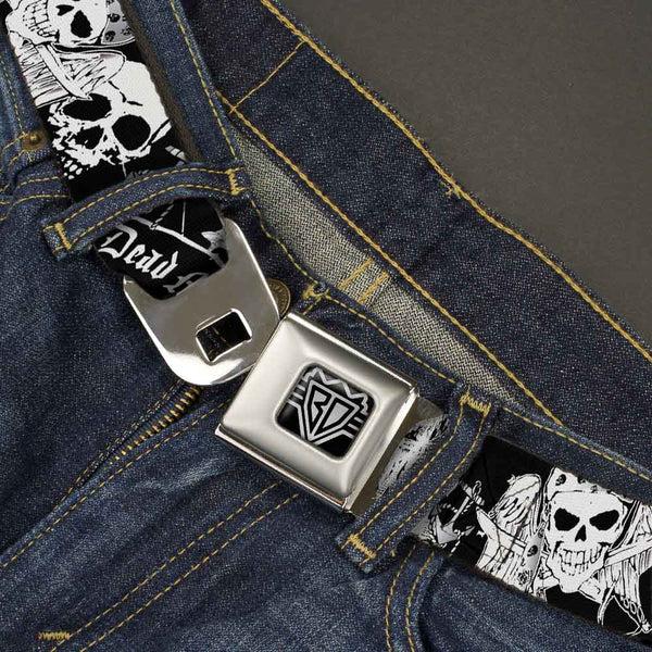 Buckle Down BD Wings Logo CLOSE-UP Full Color Black Silver Seatbelt Belt - Dead Men Tell No Tales Black/White Webbing