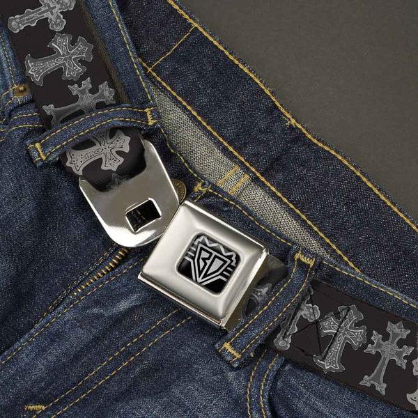 Buckle Down BD Wings Logo CLOSE-UP Full Color Black Silver Seatbelt Belt - Elegant Crosses Black/Grays Webbing