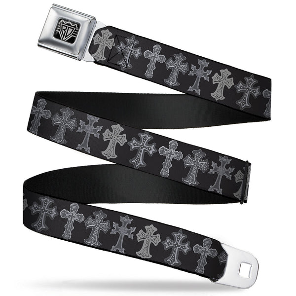 buckle down BD Wings Logo CLOSE-UP Full Color Black Silver Seatbelt Belt - Elegant Crosses Black/Grays Webbing