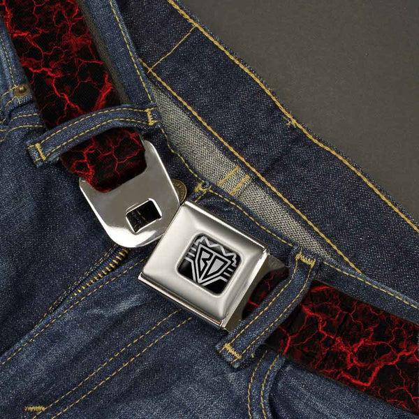 Buckle Down BD Wings Logo CLOSE-UP Full Color Black Silver Seatbelt Belt - Marble Black/Red Webbing