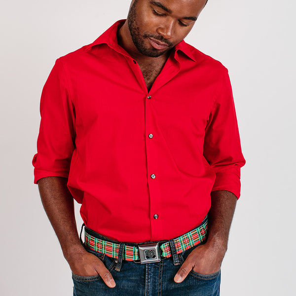 Buckle Down BD Wings Logo CLOSE-UP Full Color Black Silver Seatbelt Belt - Tartan Plaid Red/Green Webbing