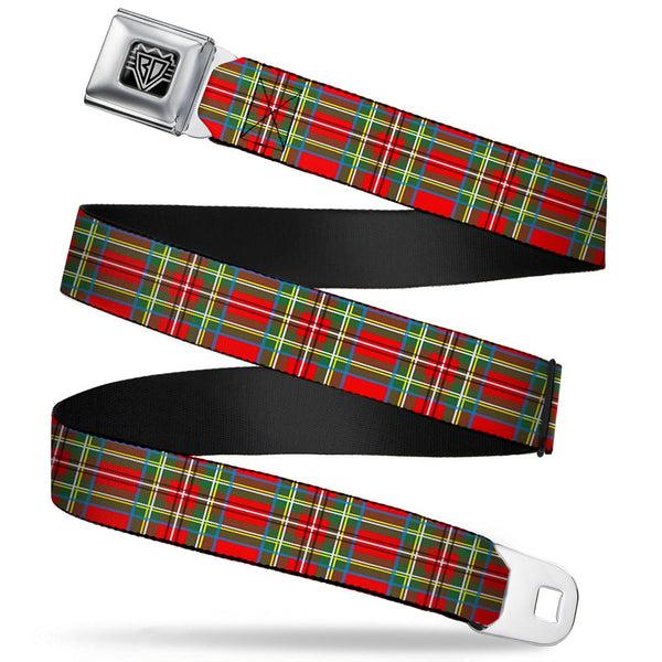 buckle down BD Wings Logo CLOSE-UP Full Color Black Silver Seatbelt Belt - Tartan Plaid Red/Green Webbing