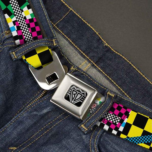 Buckle Down BD Wings Logo CLOSE-UP Full Color Black Silver Seatbelt Belt - Funky Checkers Black/White/Neon Webbing