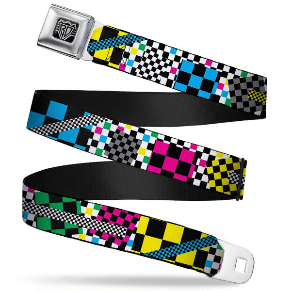 buckle down BD Wings Logo CLOSE-UP Full Color Black Silver Seatbelt Belt - Funky Checkers Black/White/Neon Webbing