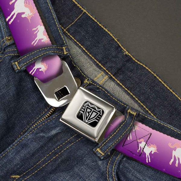 Buckle Down BD Wings Logo CLOSE-UP Full Color Black Silver Seatbelt Belt - Unicorn Sparkles Purple/Pink Webbing