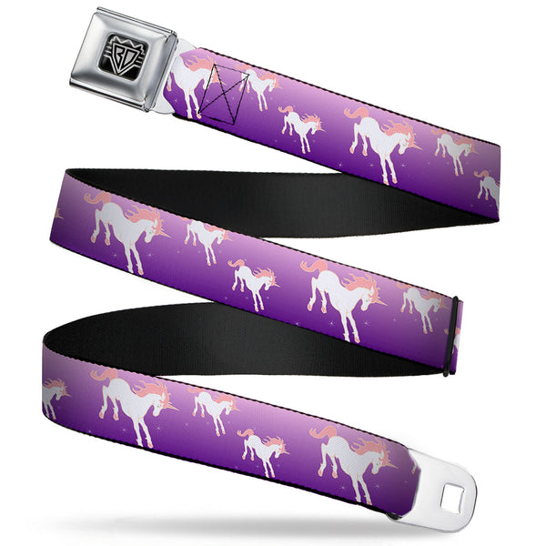 buckle down BD Wings Logo CLOSE-UP Full Color Black Silver Seatbelt Belt - Unicorn Sparkles Purple/Pink Webbing