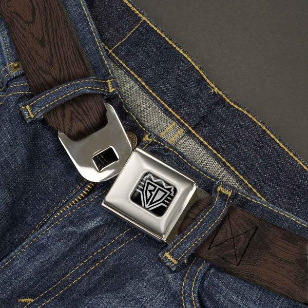 Buckle Down BD Wings Logo CLOSE-UP Full Color Black Silver Seatbelt Belt - Wood Grain Walnut Webbing