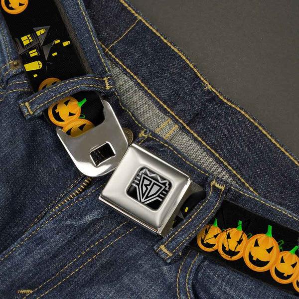 Buckle Down BD Wings Logo CLOSE-UP Full Color Black Silver Seatbelt Belt - Jack-o'-Lanterns/Haunted House Black/Yellow Webbing