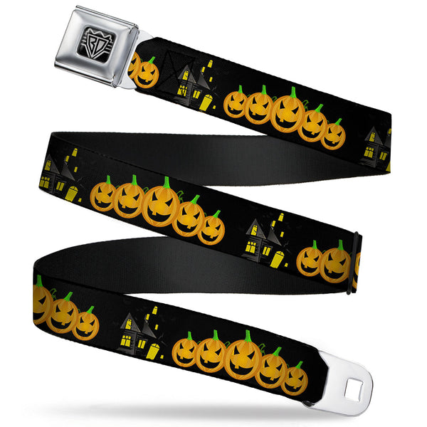 buckle down BD Wings Logo CLOSE-UP Full Color Black Silver Seatbelt Belt - Jack-o'-Lanterns/Haunted House Black/Yellow Webbing