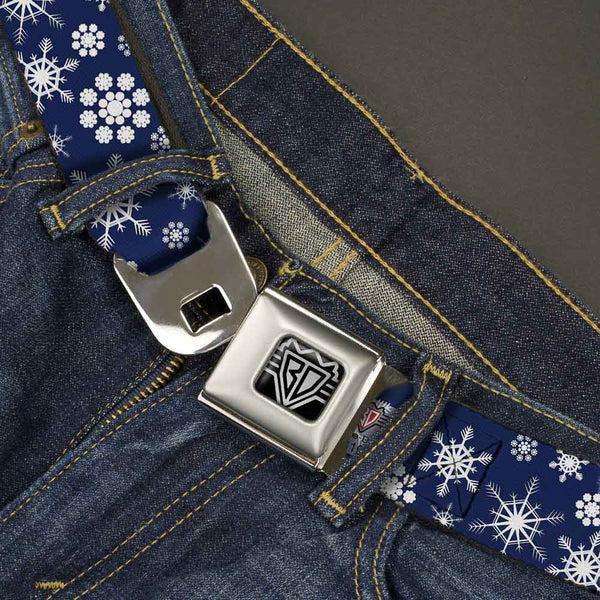 Buckle Down BD Wings Logo CLOSE-UP Full Color Black Silver Seatbelt Belt - Snowflakes Blue/White Webbing