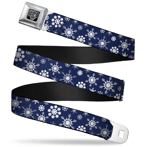 buckle down BD Wings Logo CLOSE-UP Full Color Black Silver Seatbelt Belt - Snowflakes Blue/White Webbing