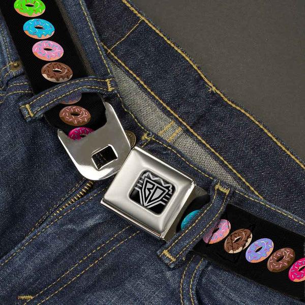 Buckle Down BD Wings Logo CLOSE-UP Full Color Black Silver Seatbelt Belt - Sprinkle Donuts Black/Multi Color Webbing