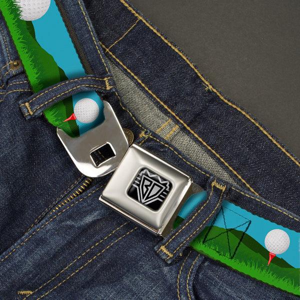 Buckle Down BD Wings Logo CLOSE-UP Full Color Black Silver Seatbelt Belt - Golf Course/Balls/Holes Blues/Greens Webbing