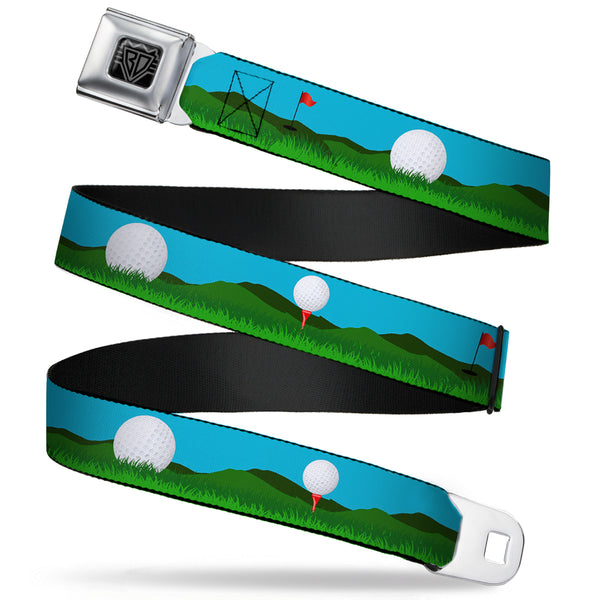buckle down BD Wings Logo CLOSE-UP Full Color Black Silver Seatbelt Belt - Golf Course/Balls/Holes Blues/Greens Webbing