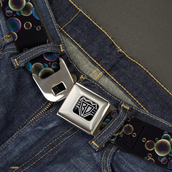 Buckle Down BD Wings Logo CLOSE-UP Full Color Black Silver Seatbelt Belt - Bubbles Black/Iridescent Multi Color Webbing