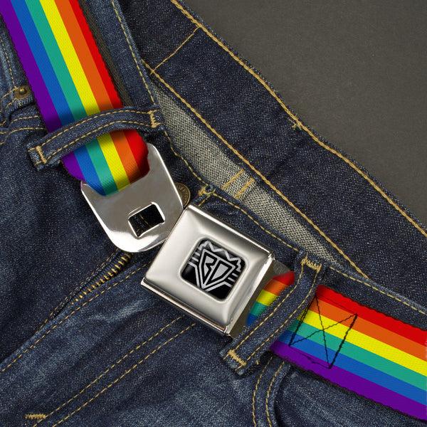 Buckle Down BD Wings Logo CLOSE-UP Full Color Black Silver Seatbelt Belt - Rainbow Print Webbing