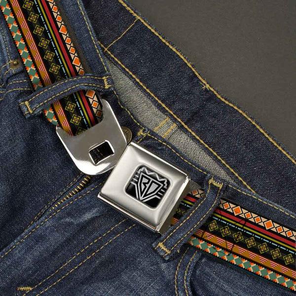 Buckle Down BD Wings Logo CLOSE-UP Full Color Black Silver Seatbelt Belt - Aztec5 Reds/Blues/Greens/Yellows Webbing