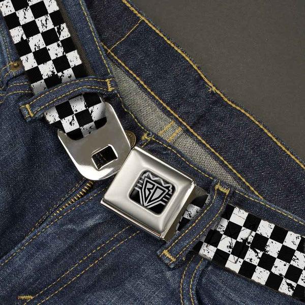 Buckle Down BD Wings Logo CLOSE-UP Full Color Black Silver Seatbelt Belt - Checker Weathered Black/White Webbing