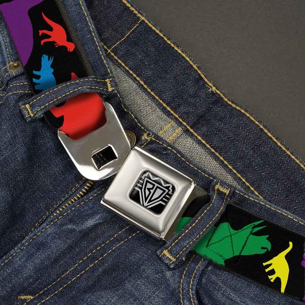 Buckle Down BD Wings Logo CLOSE-UP Full Color Black Silver Seatbelt Belt - Dinosaur Silhouette Black/Multi Color Webbing