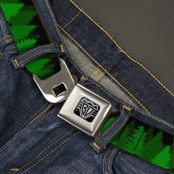 Buckle Down BD Wings Logo CLOSE-UP Full Color Black Silver Seatbelt Belt - Pine Tree Silhouettes Black/Greens Webbing