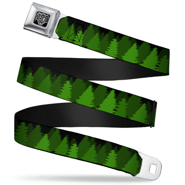 buckle down BD Wings Logo CLOSE-UP Full Color Black Silver Seatbelt Belt - Pine Tree Silhouettes Black/Greens Webbing