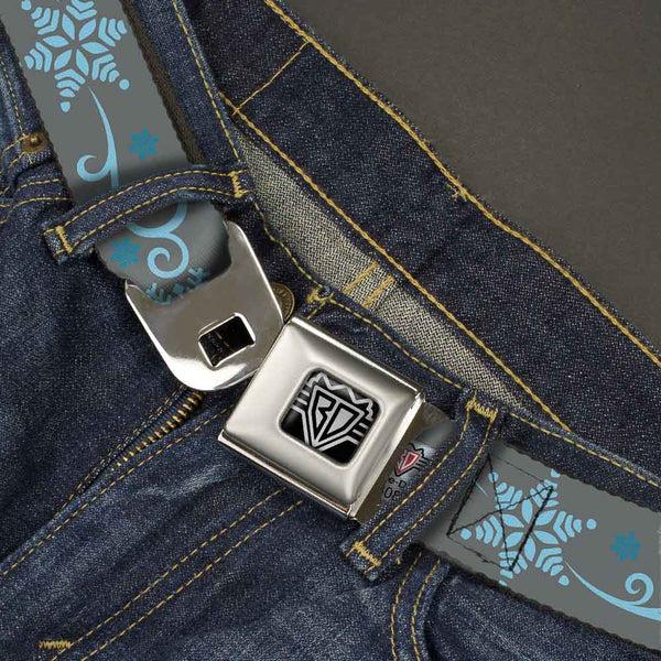 Buckle Down BD Wings Logo CLOSE-UP Full Color Black Silver Seatbelt Belt - Holiday Snowflakes Gray/Blue Webbing