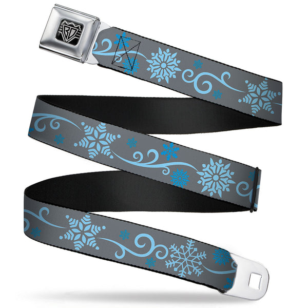 buckle down BD Wings Logo CLOSE-UP Full Color Black Silver Seatbelt Belt - Holiday Snowflakes Gray/Blue Webbing