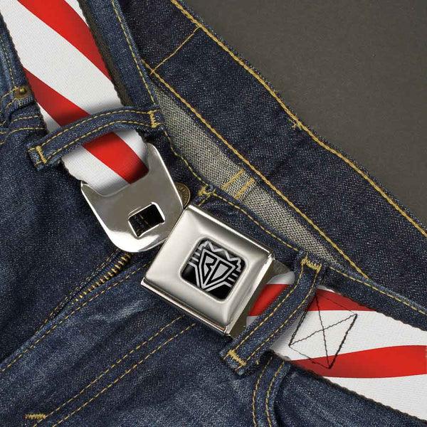 Buckle Down BD Wings Logo CLOSE-UP Full Color Black Silver Seatbelt Belt - Candy Cane Webbing