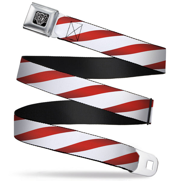 buckle down BD Wings Logo CLOSE-UP Full Color Black Silver Seatbelt Belt - Candy Cane Webbing