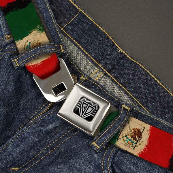 Buckle Down BD Wings Logo CLOSE-UP Full Color Black Silver Seatbelt Belt - Mexico Flag Distressed Painting Webbing