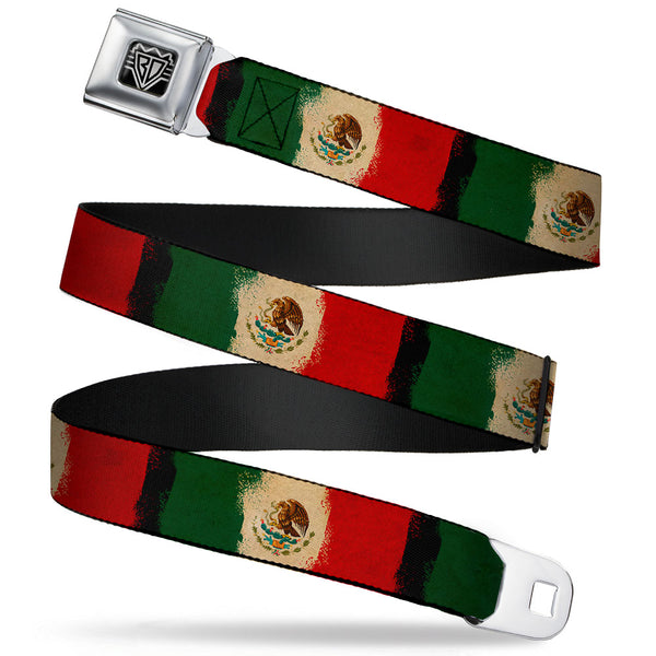 buckle down BD Wings Logo CLOSE-UP Full Color Black Silver Seatbelt Belt - Mexico Flag Distressed Painting Webbing
