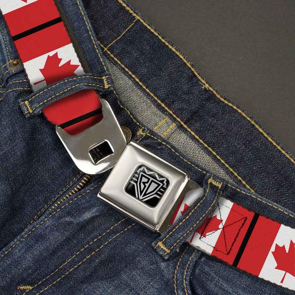 Buckle Down BD Wings Logo CLOSE-UP Full Color Black Silver Seatbelt Belt - Canada Flags Webbing