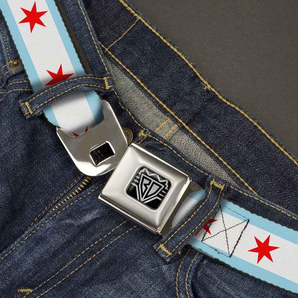 Buckle Down BD Wings Logo CLOSE-UP Full Color Black Silver Seatbelt Belt - Chicago Flag Webbing